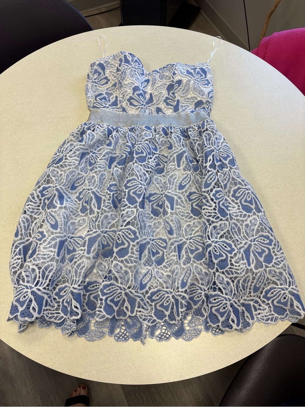 Blue & White Strapless Lace Fit-and-Flare Dress